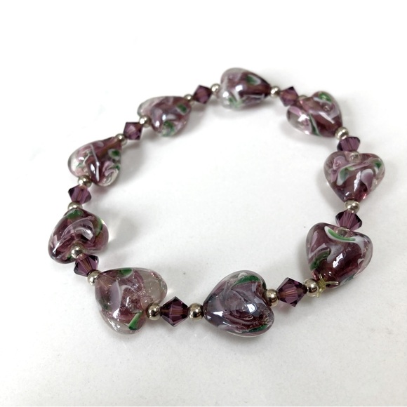 Glass Heart Beaded Bracelet and Pendant Set - Purple and Silver - Picture 3 of 4